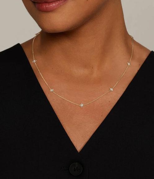 Model wearing a diamond necklace.