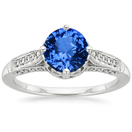 Sapphire Heirloom Diamond Ring in 18K White Gold, 6.5mm Round Blue Sapphire